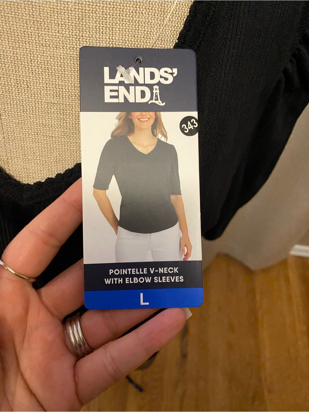 Lands' End Black V-Neck Short Sleeve Tee with Subtle Knit Texture, Size Large - Picture 4 of 6